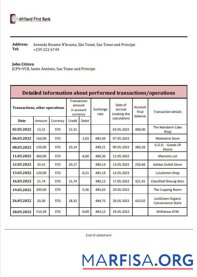 Printable Sao Tome and Principe Afriland First bank statement word template
